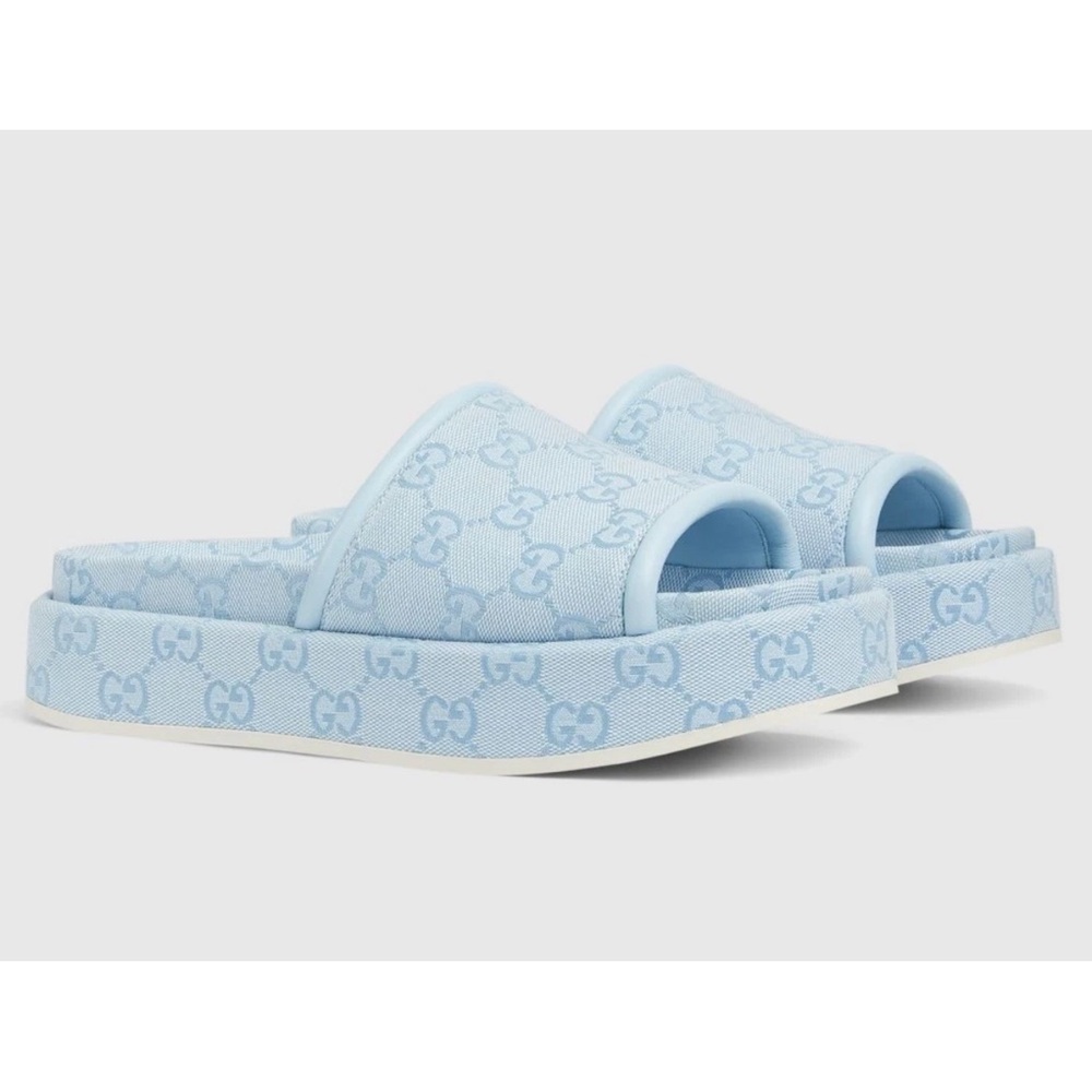 Gucci Light Blue GG Monogram Logo Canvas Mule Flat Slide Platform Sandal 39 - Picture 1 of 16